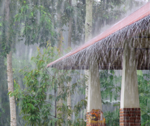 Rain falls on a roof
